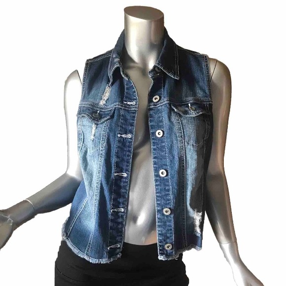 Maurices Women’s Small Denim Vest Jean Jacket Distressed Button Front - Picture 1 of 12